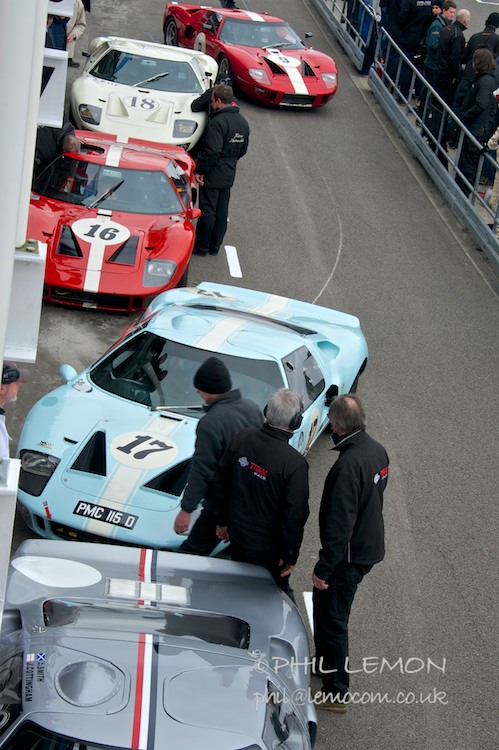 Five Ford GT40s, Goodwood pit lane, Phil Lemon