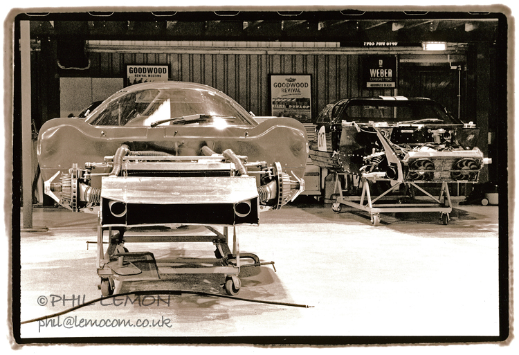 Dismantled Lola T70 and Ford GT40, Phil Lemon