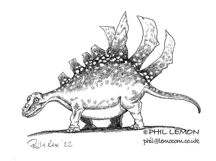 Cartoon dinosaur, ink, Phil Lemon
