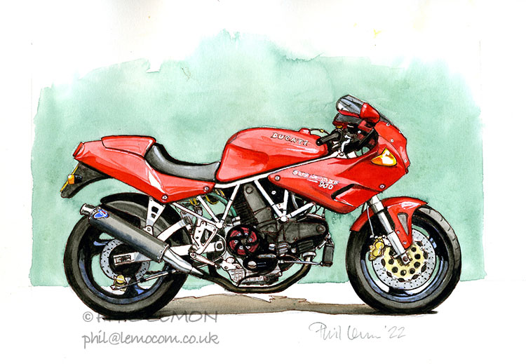 Ducati 900ss, ink and watercolour, Phil Lemon
