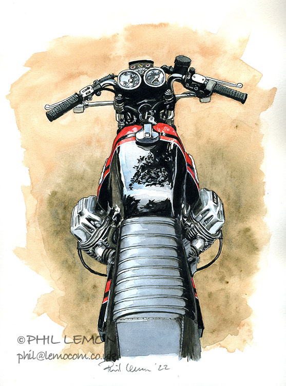 Moto Guzzi 750S3, ink and watercolour, Phil Lemon