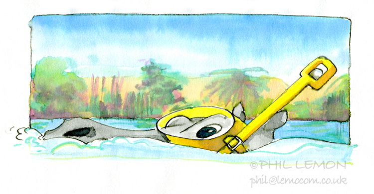 Snorkelling hippo, ink and watercolour, Phil Lemon