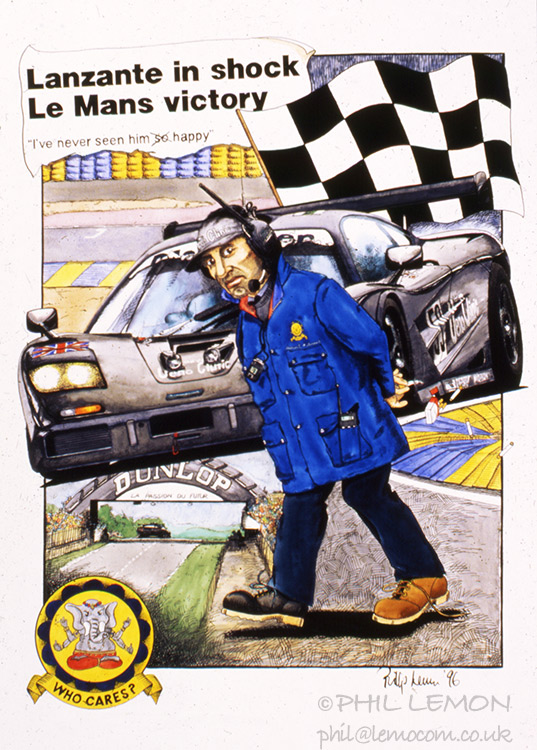 aul Lanzante wins Le Mans with the Ueno Clinic McLaren, ink and watercolour, Phil Lemon