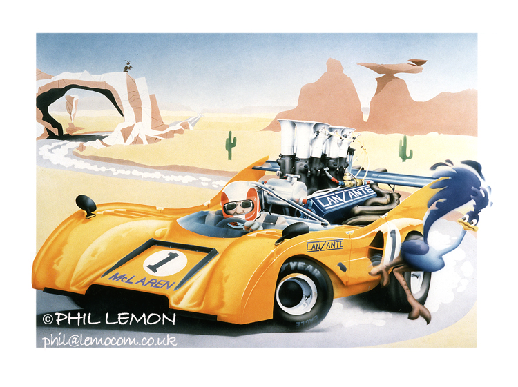 John Foulston, McLaren M8 cartoon, airbrush and acrylic paint, Phil Lemon