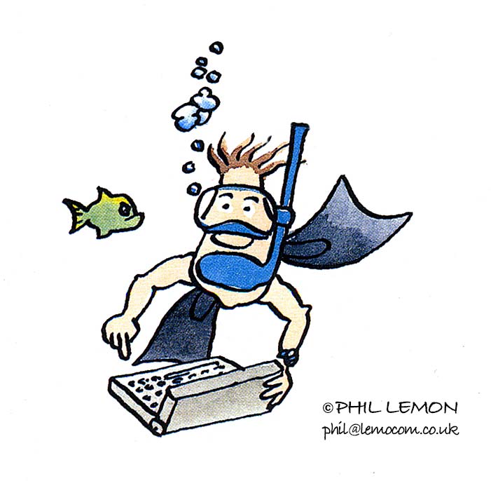 Snorkeller with a laptop cartoonInk and watercolour, Phil Lemon