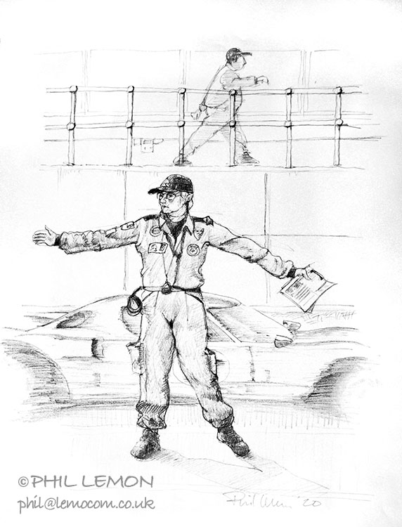 Marshalls at Silverstone, pencil on paper, Phil Lemon