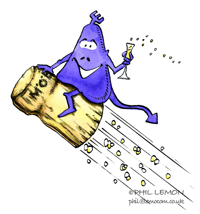 Champagne cork cartoon for MAS, ink and watercolour, Phil Lemon