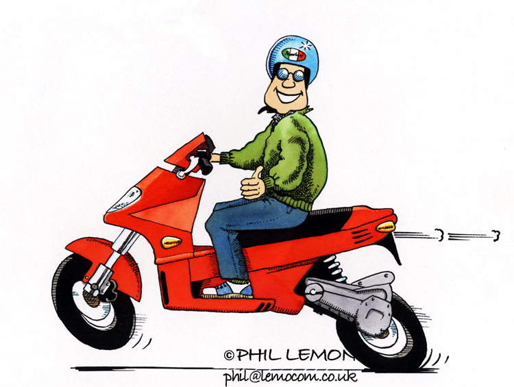 Happy scooter rider cartoon, ink and watercolour, Phil Lemon