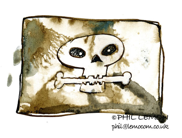 Skull and bone, sepia ink on paper, Phil Lemon