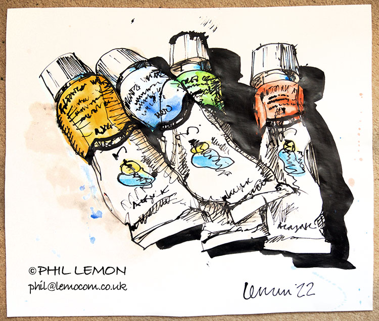 Four tubes of acrylic paint, ink and watercolour, Phil Lemon