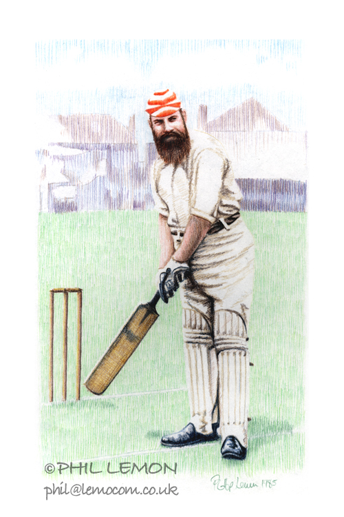 W G Grace, coloured pencils on paper, Phil Lemon