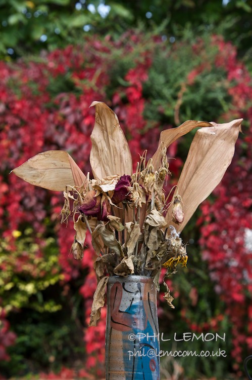 Dead flowers in a blue vase, Phil Lemon