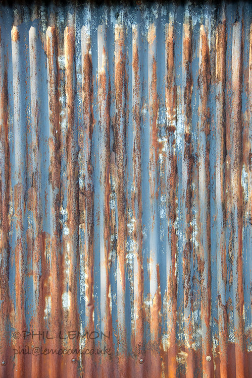 Rusting blue corrugated iron, Phil Lemon
