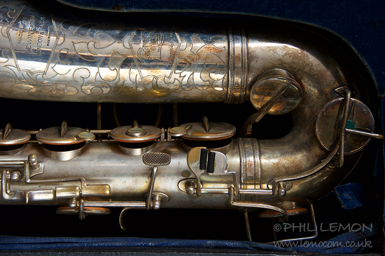 Tarnished silver saxophone detail, Phil Lemon