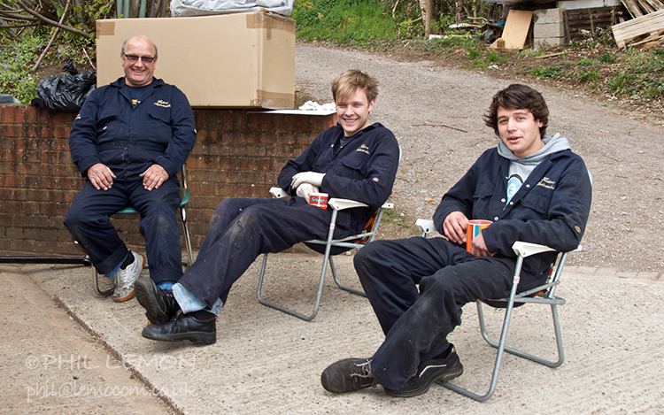 Three mechanics with cups of tea, Phil Lemon