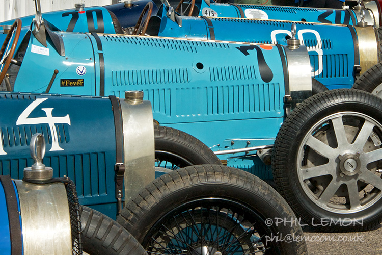 Five Bugatti T35s, Goodwood paddock, Phil Lemon