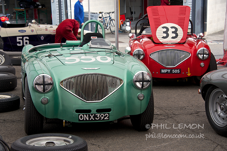Three Austin Healey 100/4s, Silverstone paddock, Phil Lemon